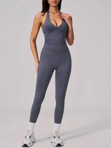 NcmRyu Women's One Set Solid Color Halter Neck Backless Tank Top Ribbed Waist Leggings Sports Set - Grey - View 10
