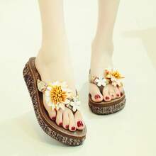 Women Platforms & Wedge Sandals - Brown Vines, Sunflowers, Large Diamonds, Yellow - View 2