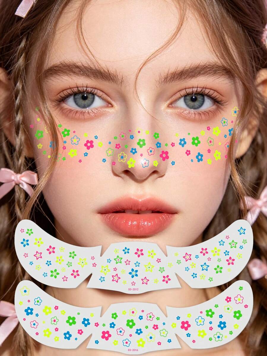 2pcs Glow In The Dark & Neon Flower Freckle Tattoo Stickers, Sparkle In The Dark Floral Face Stickers, Freckle Tattoos, Fake Tattoos For Party And Daily Use