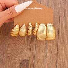 1 Set Golden Plated Textured Earring Set, Shell/Teardrop/Twist Design Statement Earrings For Women, Daily & Party Wear Fashion Jewelry - Yellow Gold - View 8