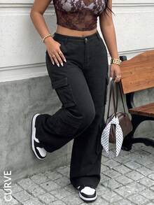 Women's Plus Size Loose Denim Cargo Pants, Versatile Y2K Style Straight Leg Pants, With Pockets, Button And Zipper Fly, Non-Stretch - Black - View 4