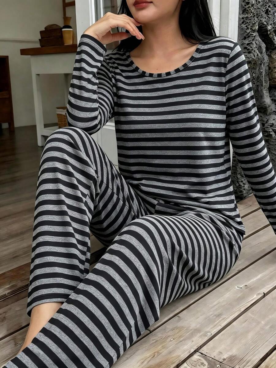 Spring/Autumn New Black & Grey Striped Women's Long Sleeve Pajama Set 2pcs, Fashionable Versatile Long Sleeve & Long Pants Loungewear, Soft Comfortable Casual Home Wear Suitable For Outdoor Wear - Multicolor - View 1