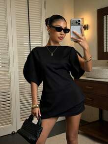 DEEKA Summer New Arrival Women's Fashion Versatile Petal Sleeve Black Graduation Top - Black - View 6