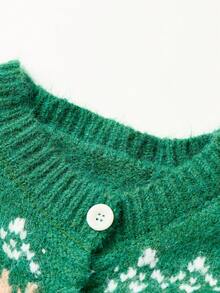 Women's Colorblock Jacquard Fuzzy Cardigan, 3D Floral Button Long Sleeve Knit Sweater, Christmas Holiday Style - Green - View 9