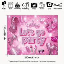 1pc Pink Glitter Party Backdrop Banner With "Let's Go Party" Text, High Heels And Crown Design - Durable Shiny Decoration For Birthday, Photo Booth, Indoor And Outdoor Celebrations - Multicolor - View 8