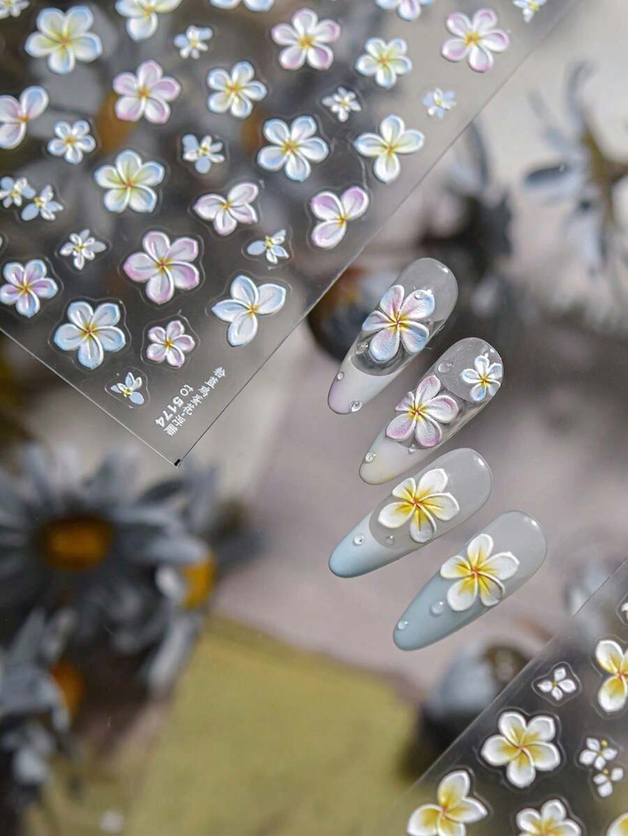 1pc 5D Embossed Nail Sticker, Spring/Summer Colorful Plumeria, Bright Lily Gradient Petals With Vivid Dew Drops, Exquisite Romantic Nail Art Decal Sticker Nail Stickers - 彩色 - 查看 1