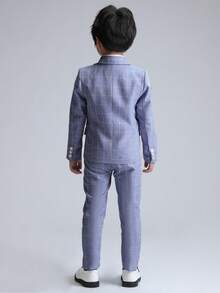 3 件套年轻男孩格子西装外套、裤子、领带套装，适合晚宴、婚礼、演出、校服、秋季等正式场合 - 藏蓝色 - 查看 5