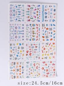 SWEET TREND 2 Large Summer Marine Animal Tropical Plant Design Water Transfer Nail Sticker, Beach Coconut Tree, Leaves And Turtles, Shells, Seahorse Design DIY Nail Art Sticker, Marine Life Sticker Watermark Slider Nail Art Decoration DIY Nail Supplies - Multicolor - View 3