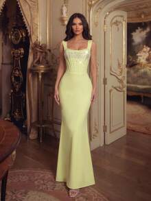 Sexy One-Shoulder Square Neck Sleeveless Sparkling Rhinestone Bodycon Mini Dress, Suitable For Dates, Singles Parties, Gatherings, Balls, Graduations, Galas, Weddings, Formal Occasions, Evening Gowns - Light Yellow - View 1