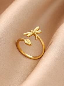 Anillo de mujer con diseño de libélula y hoja chapado en oro de 18K, anillo ajustable abierto resistente a la decoloración, joyería de boda única, adecuado para vacaciones, fiestas y accesorios de baile, regalo perfecto de cumpleaños/aniversario para novia/mamá/mejor amiga - Varios - Ver 6