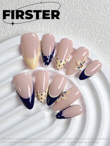 10pcs Medium Almond Handmade Press On Nails, Nude Navy Cream French Fake Nails, Polka Dot & 3D Floral Glossy Acrylic Nail Set, Ideal For Summer, 4th Of July, Wedding, Graduation, Prom Party & Daily Elegant Outfits - Multicolor - View 3
