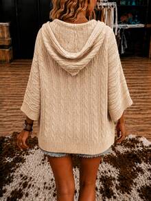Solid Color Knit Drawstring Casual Versatile Commute Loose Hooded Pullover Sweater Holiday College Vacation Daily Date Single Party Travel Fall - Apricot - View 3