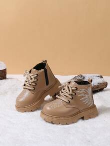 1 Pair Children's Chinese Style Embroidered Lace-Up Ankle Boots, Autumn/Winter New Side Zipper Thick Sole Work Boots - Khaki - View 2