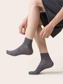 5 Pairs Men's Cotton Crew Socks, Vertical Rib Mesh Breathable Mid Calf Socks, Moisture Wicking Odor Resistant Solid Neutral Color Daily Casual Socks - Multicolor - View 6