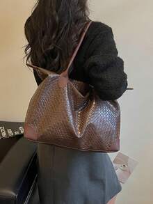 鱷魚壓紋歐美風個性化大容量極簡托特包女款，新款絎縫通勤單肩包 - 咖啡 - 查看 7