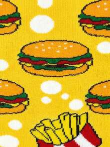 1/3/5 pares de calcetines de media caña para hombre con temática de comida rápida, patrón de hamburguesa y papas fritas amarillo brillante, diseño lindo de comida chatarra, adecuado para uso diario y como regalo de cumpleaños festivo - Multicolor - Ver 4