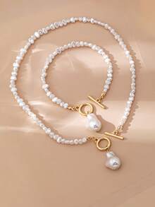 2pcs/Set Necklace And Bracelet Set, Women's Faux Baroque Pearl Jewelry Set, Suitable For Daily Wear - White - View 5