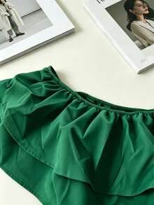 Summer New Plus Size Solid Color Ruffled Layered Tiered Cake Shorts Off-Shoulder Elegant Sexy Romper - Green - View 4