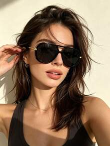 1 buah Kacamata Fashion Wanita Gaya Eropa dan Amerika Terbaru, Bingkai Ganda Ukuran Besar, Kacamata Fashion Retro Aviator - bingkai hitam film hitam dan abu-abu - View 2