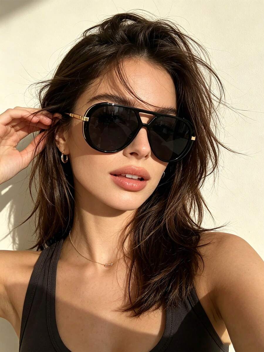 1 buah Kacamata Fashion Wanita Gaya Eropa dan Amerika Terbaru, Bingkai Ganda Ukuran Besar, Kacamata Fashion Retro Aviator