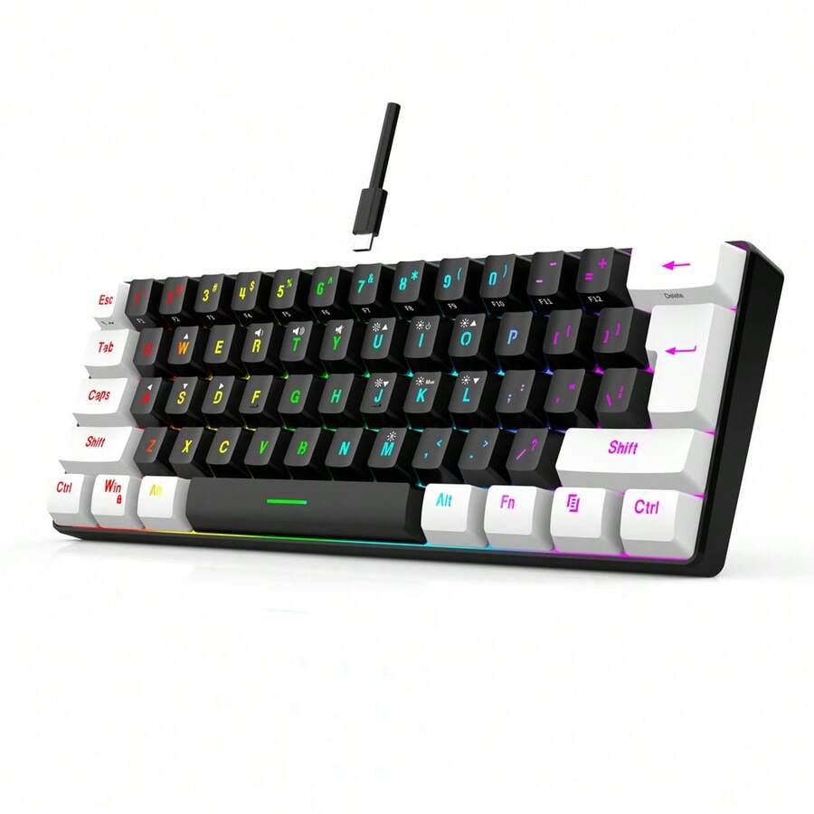 60% New Compact Mini 61-Key Membrane Keyboard, Black, White RGB Backlit Gaming Keyboard, Ergonomic Design, Water-Resistant, Suitable For PC/Laptop/Office/Home - 61 White - View 1
