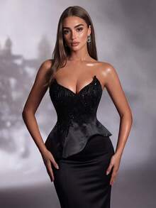 IBTRLY New High-End Elegant Black Strapless Dress With Beaded Sequin Decor, Satin Fabric, Ruffle Trim, Elastic Fabric, Prom Fall Wedding Party - Black - View 7