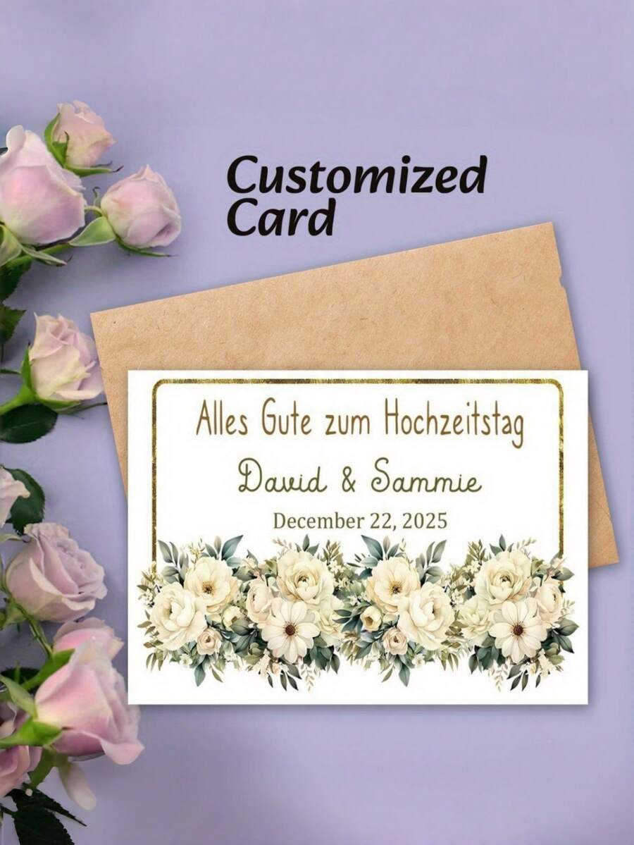 Personalized Wedding Greeting Card, Includes One Customized Name, Floral Design Celebrating Engagement, Gift Card With Heartfelt Congratulations, Customizable Name And Date - Multicolor - View 1