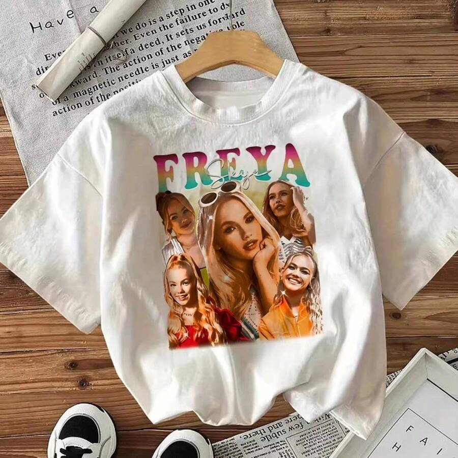 Daily Rainbow Gradient Bold Letter Female Star Five Shot Collage Retro Poster Print Crew Neck T-Shirts Premium Light Fabric Short Sleeve Street - White - View 1