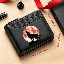 Men's Short Zipper Wallet, Red Moon Howling Wolf Print PU Leather Bifold Wallet, Woven Texture Multi-Card Slot Coin Purse - Multicolor - View 3