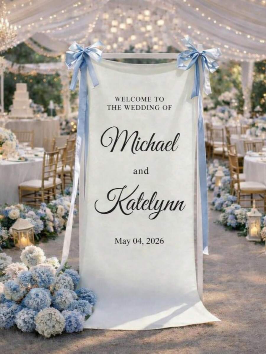 Letrero de Bienvenida Personalizado para Boda | Pancarta de Tela Vertical para Boda | Fondo Personalizado con Nombre & Fecha | Decoración Rústica para Ceremonia al Aire Libre - Multicolor - Ver 1