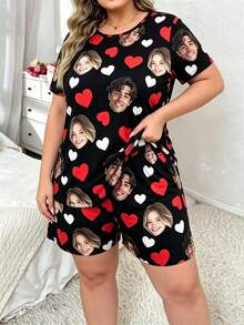 2pcs Plus Size Customized Face Photo Women's Short Sleeve Shorts Pajama Set, Personalized Heart Home Wear, Wife Gift - Multicolor - View 5