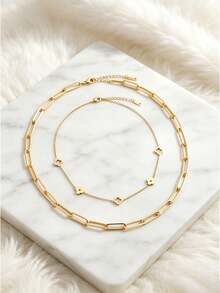 2pcs/Set Multi-Style Long Mixed Chain Necklaces, 18K Gold Plated Stainless Steel, Clover, Twisted Dough, Round Snake Shape Layered Choker - Gold 3 - View 4