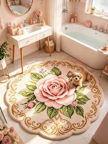1pc Pink Rose Wavy Edge Decorative Rug, Living Room Small Rug, Bathroom Rug, Washable - Multicolor - View 3