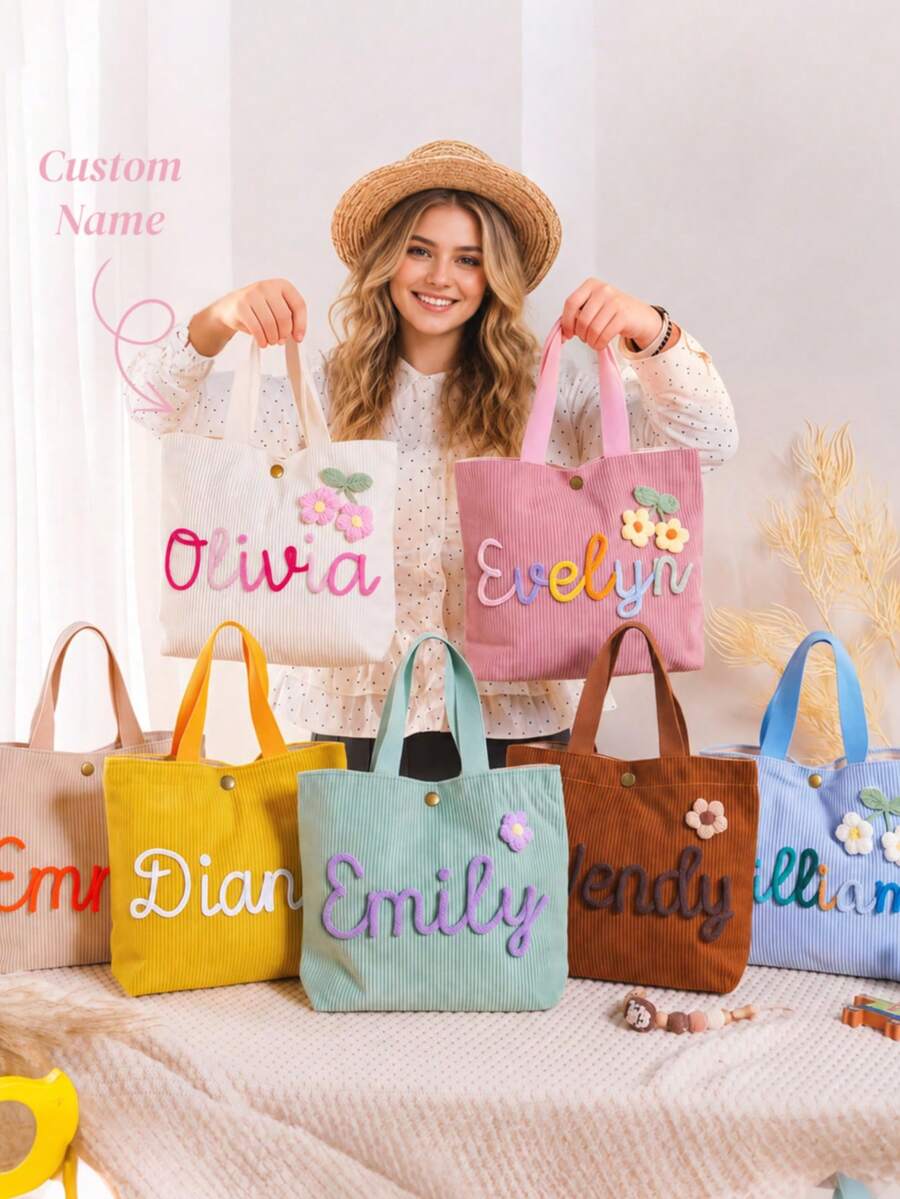 Customized Name Personalized Corduroy Tote Bag, Large Capacity Travel Tote Bag, Multi Pocket, Minimalist, Kawaii, Unique Gift, Party Gift, Fashionable - Multicolor - View 1