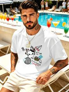 Camiseta de verano para hombre con estampado gráfico de gato, algodón premium, dise?o gráfico, estilo hip-hop urbano, transpirable. - Blanco - Ver 6