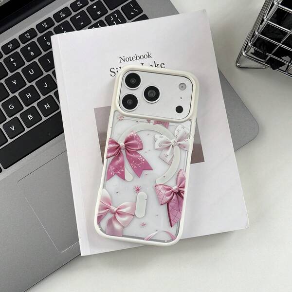 Phone Case Compatible With Apple 11 12 13 14 15 16 17 Series, White Frame Clear Transparent Cover With Sweet Pink Bow Pattern & Circular Decor Cutout, Large Hollow Camera Cutout Shockproof Anti Scratch Soft TPU Protective Shell, Cute Kawaii Girly Fashion Daily Accessory