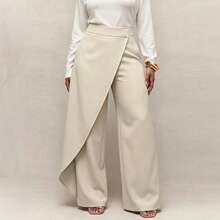 IGKEEL Spring Summer Autumn Women's Long Pants, Solid Color Single Leg Diagonal Double Layer Wide Leg Slimming Elegant Commute Business Long Pants, Suitable For Commute/Business/Office, Female Teacher Clothing - Rice - View 5