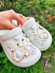 20件白色與金色海洋主題DIY鞋飾，花朵、貝殼、海星配件可拆卸，適用於有孔鞋款及更多，節日禮物 - 米白色 - 查看 8