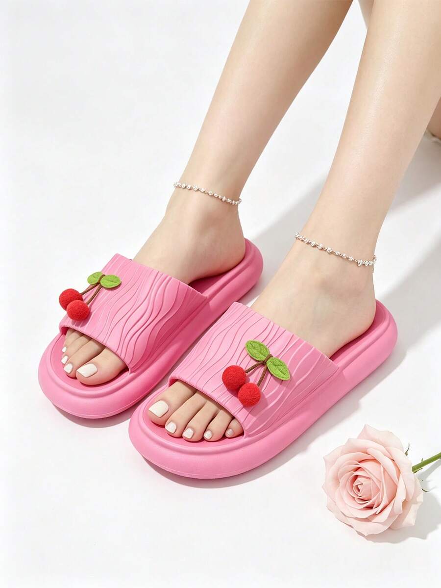 Women's DIY 3D Cherry Slippers, Open Toe EVA Non-Slip Bathroom Slippers, Wide Toe, Soft Comfortable Lightweight, Suitable For Indoor And Outdoor Use - 6787-rose Red - View 1