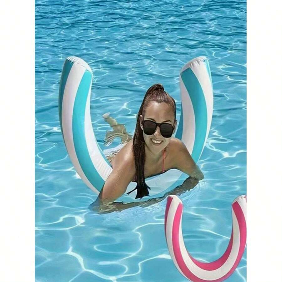 1pc Inflatable Semi-Circle U-Shaped Candy Swim Float, Thickened PVC Striped Arch Inflatable Pool Float, Pool Party, Beach Entertainment - A - View 1