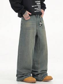 1 chiếc quần jeans nam Justice Brother dáng rộng, chất liệu denim đã qua xử lý, kiểu dáng thường ngày (không bao gồm thắt lưng và phụ kiện) - Đồng - Xem 6