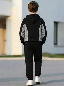 Tween Boy Autumn/Winter 2 Pieces Set, Side Patchwork Long Sleeve Top With Matching Cuffed Sweatpants, Logo Print Top And Bottom, Cool Casual Outfit - Black - View 4