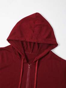 Sweatshirt Wanita Warna Burgundy dengan Resleting, Tali Serut, dan Saku, Lengan Panjang, Potongan Reguler, Bahan Rajut, Cocok untuk Dipakai di Musim Gugur/Musim Dingin - Burgundy - View 11