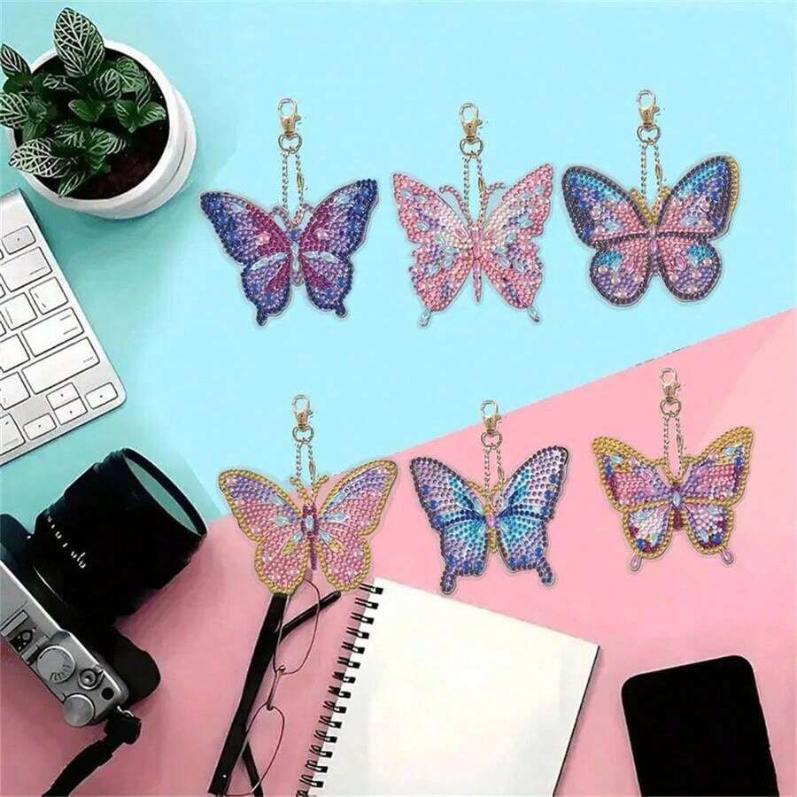 6件/組 DIY 鑽石繪畫鑰匙圈-蝴蝶圖案,DIY 裝飾品,鑽石套件手工藝用品,手工馬賽克繪畫鑰匙圈 DIY 套裝,適合初學者,創意手工藝禮品套裝 - 套裝 - 查看 1