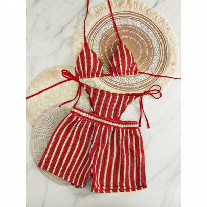 Swim Mod 3Pcs/Set Bohemian Crochet Knit Drawstring Bikini Cover Up Bikini Set S…