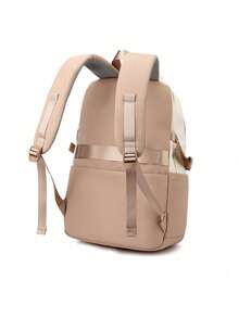 Two-Tone Multi-Zip Pocket Student Rucksack, Detachable Small Accessory Pouch Adjustable Side Buckle Backpack For Daily Commute Weekend Trips - Khaki - View 4