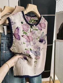 New Spring/Summer Women's Round Neck Sleeveless Tank Top, Butterfly & Floral Print, Colorblock Knit Trim, Suitable For Daily Wear - Blue-purple - View 2