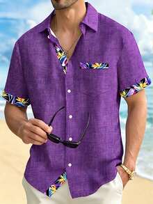 Floral Partial Print Men's Button Pocket Short Sleeve Hawaiian Shirt - Purple - View 1