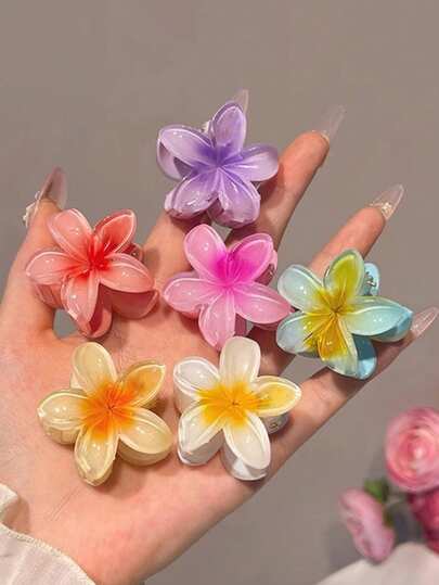 6pcs Women's Glossy Pink Blue Yellow Rose Gradient Flower Shaped 4cm/1.57in Fairy Cute Lightweight Plastic Hair Clips Fashion Versatile High-End Elegant Elegant Minimalist Style Hair Claw Hair Accessories Suitable For Daily Outings Casual Parties Commuting Vacation Face Washing Bathing Makeup Matching Clothes Use Jewelry Headwear Accessories