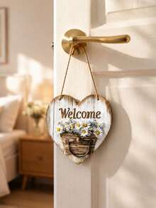 1PC Rustic Heart-Shaped Wooden Welcome Sign, Daisy Basket Garden Fence Decoration, Farmhouse Style Door Handle Ornament, Suitable For Porches, Terraces, Patios, And Other Spring Home Decor. - Multicolor - View 5
